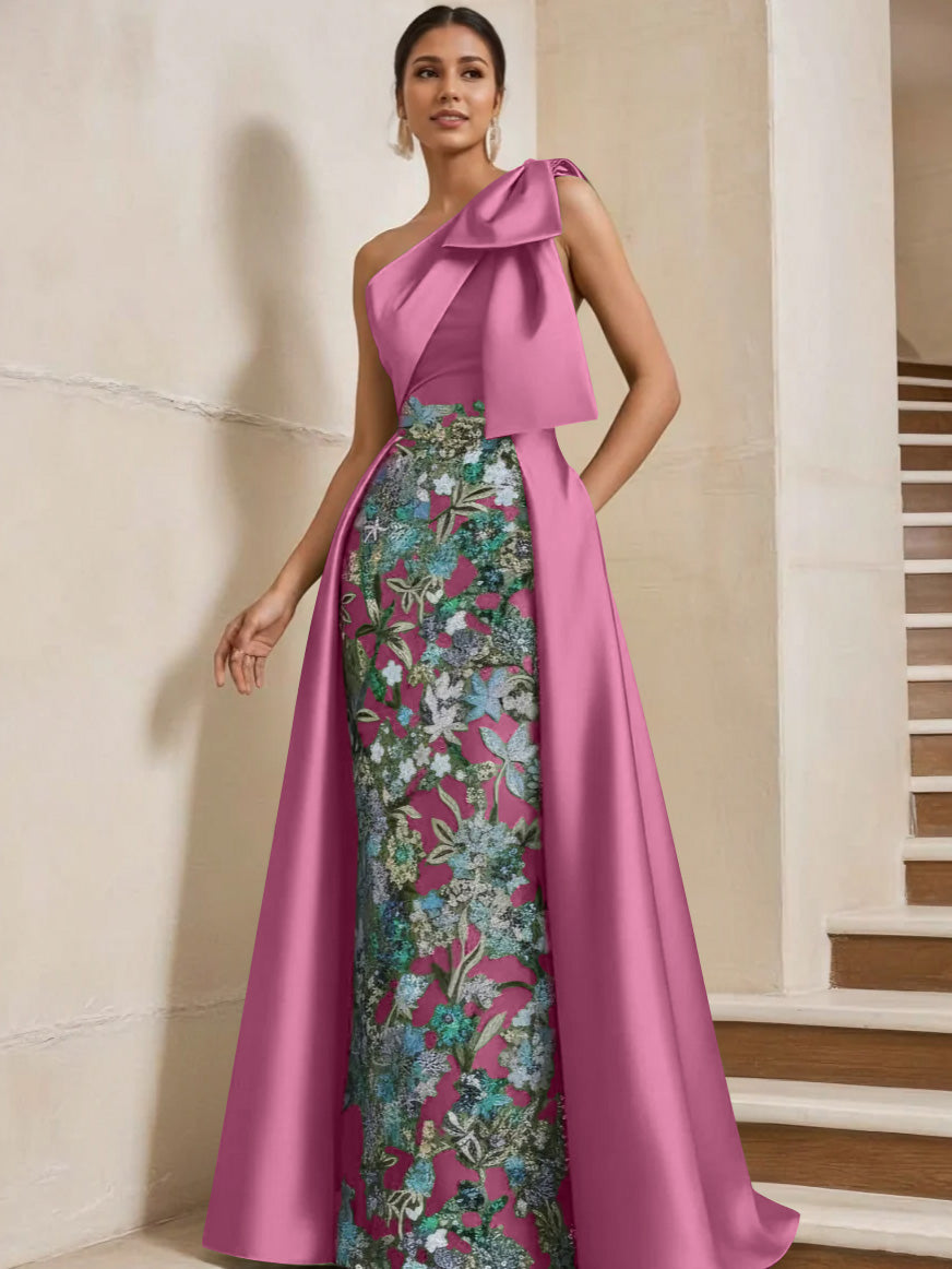 Sheath Column One Shoulder Satin Mother Of The Bride Dresses With Overskirt Sleeveless Floral Floor Length Bow