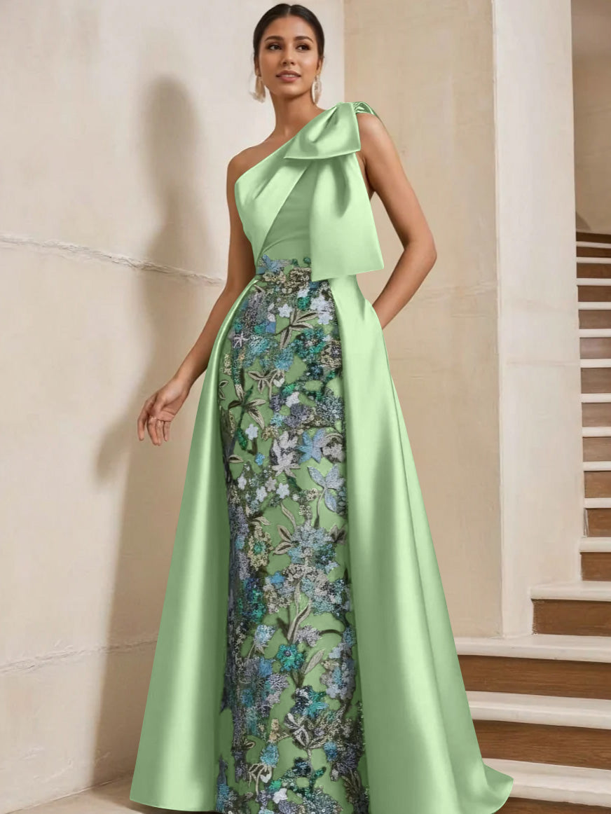 Sheath Column One Shoulder Satin Mother Of The Bride Dresses With Overskirt Sleeveless Floral Floor Length Bow