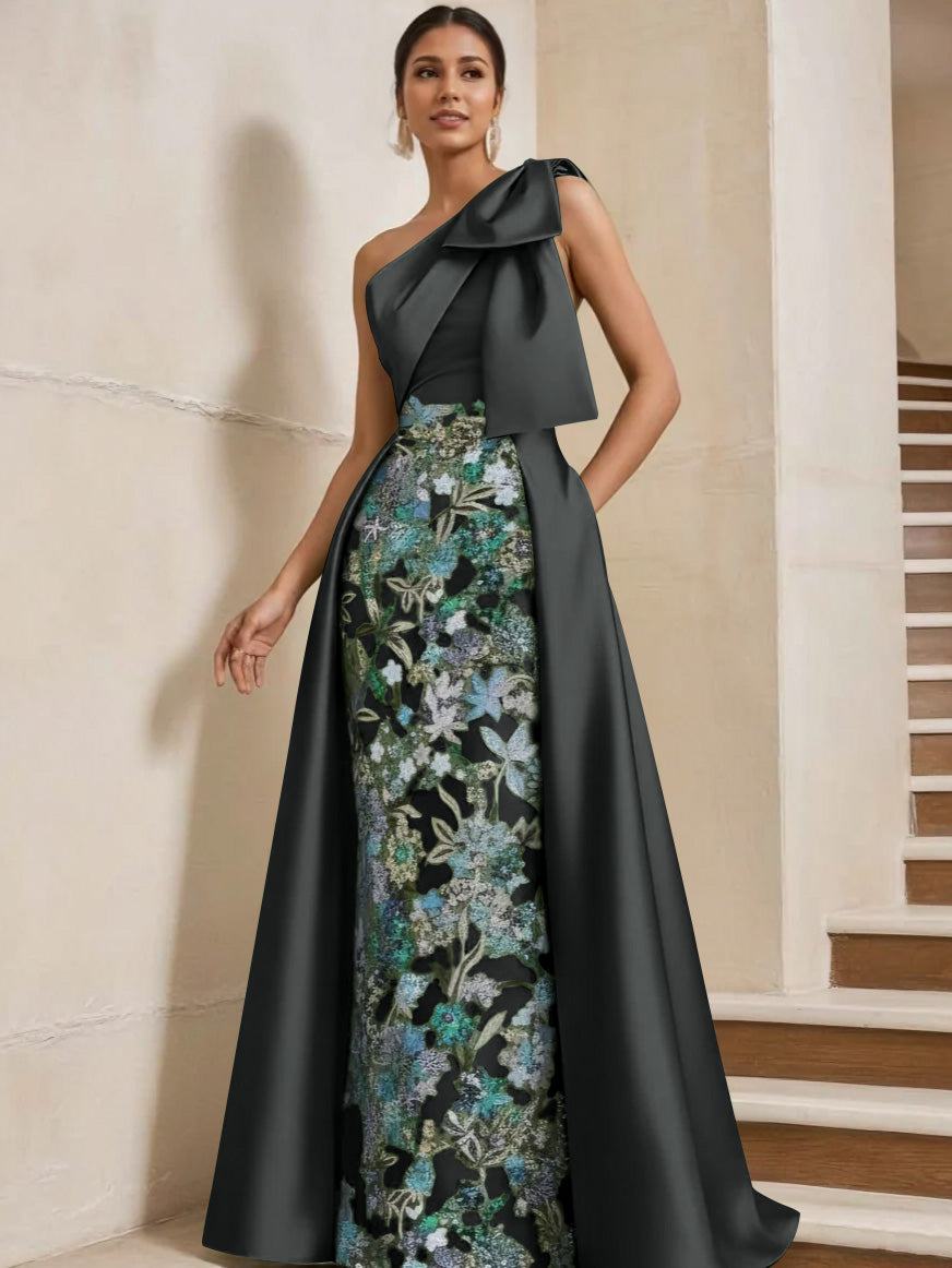 Sheath Column One Shoulder Satin Mother Of The Bride Dresses With Overskirt Sleeveless Floral Floor Length Bow