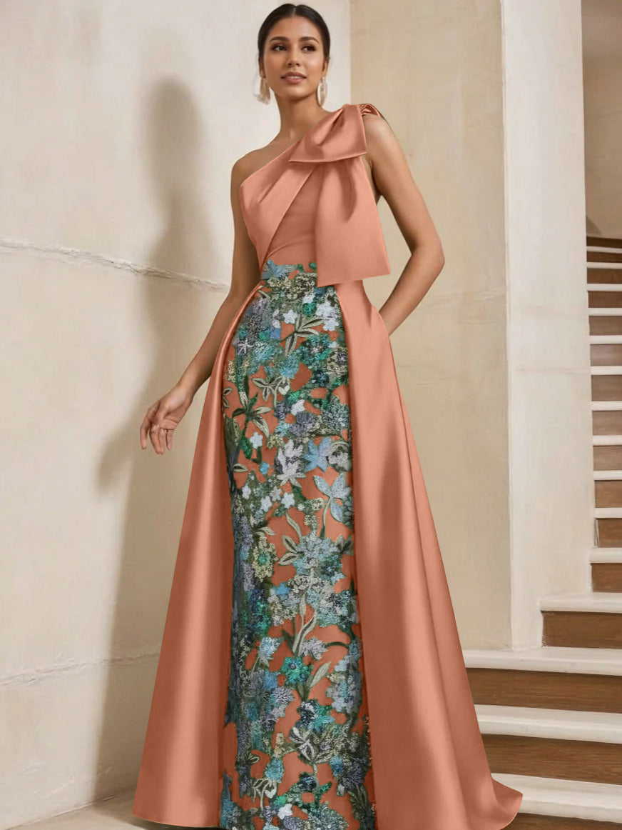 Sheath Column One Shoulder Satin Mother Of The Bride Dresses With Overskirt Sleeveless Floral Floor Length Bow