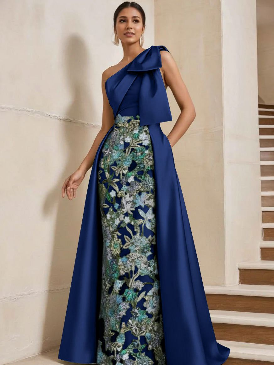 Sheath Column One Shoulder Satin Mother Of The Bride Dresses With Overskirt Sleeveless Floral Floor Length Bow