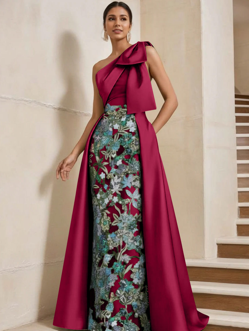 Sheath Column One Shoulder Satin Mother Of The Bride Dresses With Overskirt Sleeveless Floral Floor Length Bow