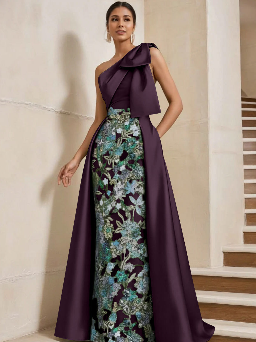 Sheath Column One Shoulder Satin Mother Of The Bride Dresses With Overskirt Sleeveless Floral Floor Length Bow