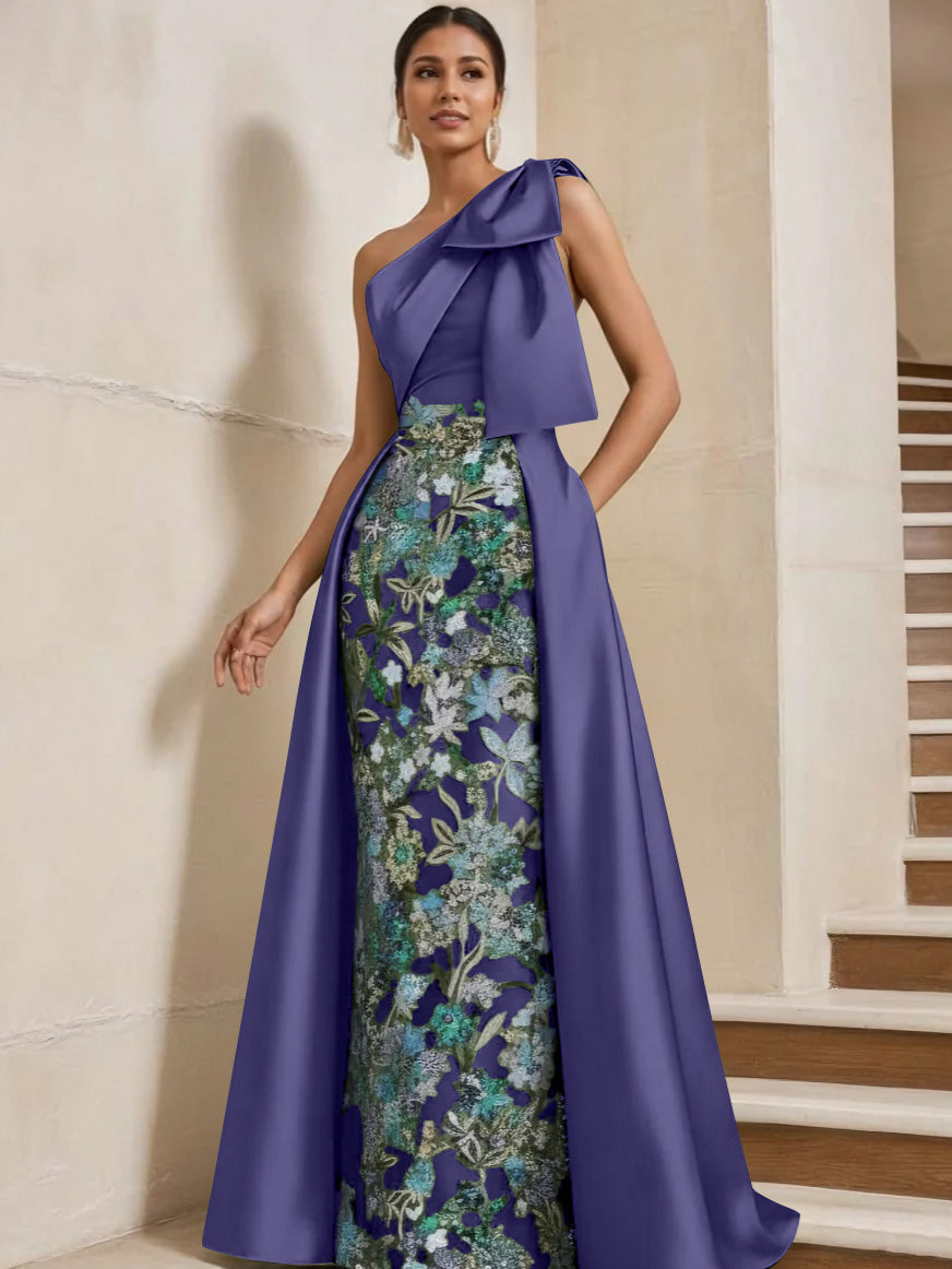 Sheath Column One Shoulder Satin Mother Of The Bride Dresses With Overskirt Sleeveless Floral Floor Length Bow