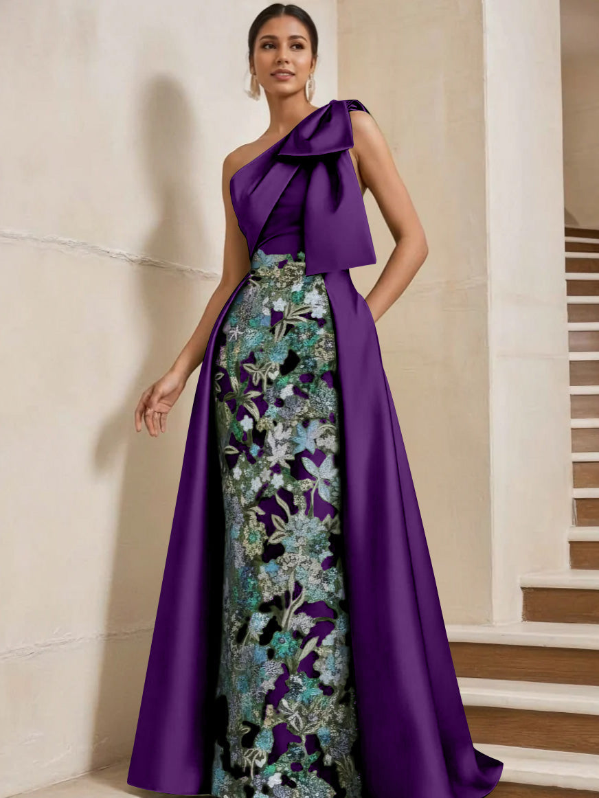 Sheath Column One Shoulder Satin Mother Of The Bride Dresses With Overskirt Sleeveless Floral Floor Length Bow