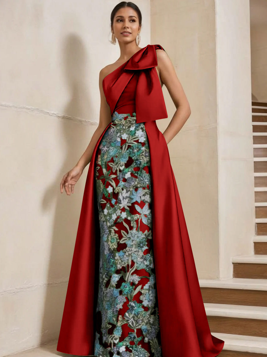 Sheath Column One Shoulder Satin Mother Of The Bride Dresses With Overskirt Sleeveless Floral Floor Length Bow