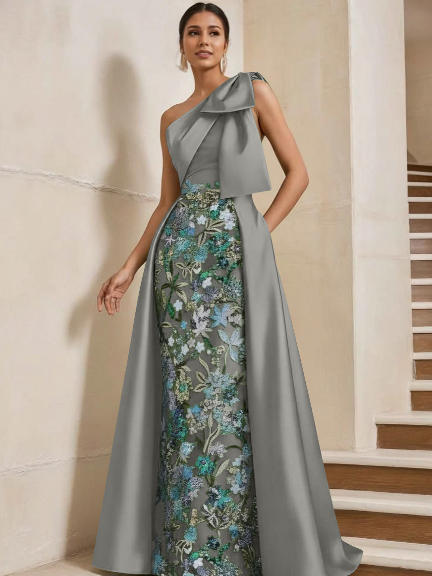 Sheath Column One Shoulder Satin Mother Of The Bride Dresses With Overskirt Sleeveless Floral Floor Length Bow