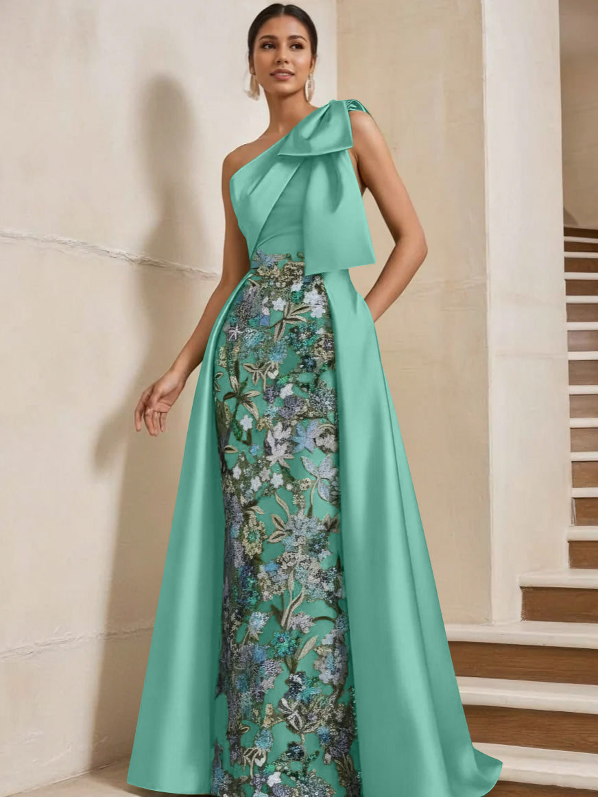 Sheath Column One Shoulder Satin Mother Of The Bride Dresses With Overskirt Sleeveless Floral Floor Length Bow