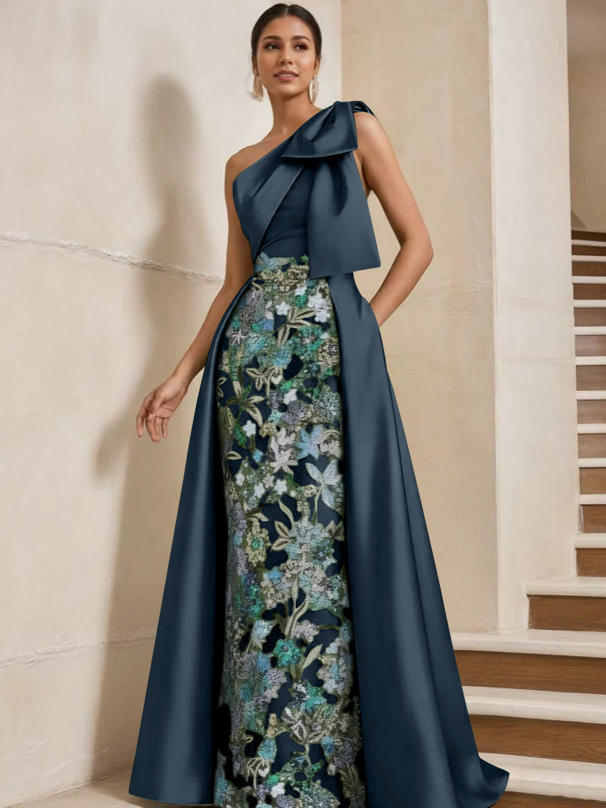 Sheath Column One Shoulder Satin Mother Of The Bride Dresses With Overskirt Sleeveless Floral Floor Length Bow