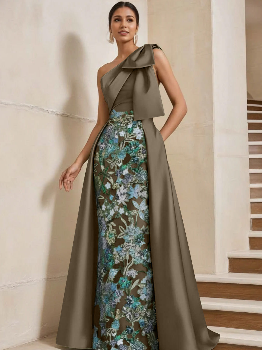 Sheath Column One Shoulder Satin Mother Of The Bride Dresses With Overskirt Sleeveless Floral Floor Length Bow