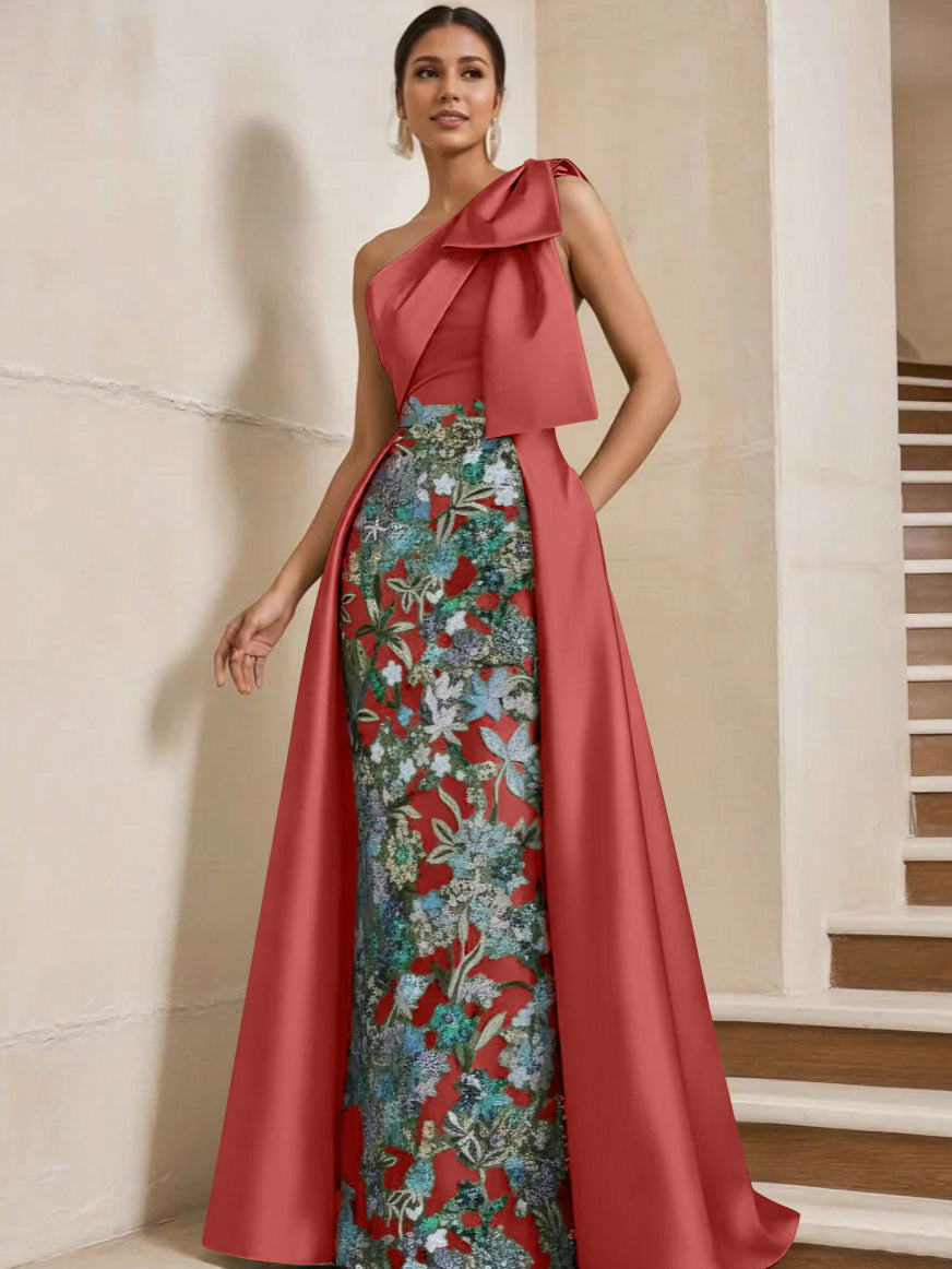 Sheath Column One Shoulder Satin Mother Of The Bride Dresses With Overskirt Sleeveless Floral Floor Length Bow