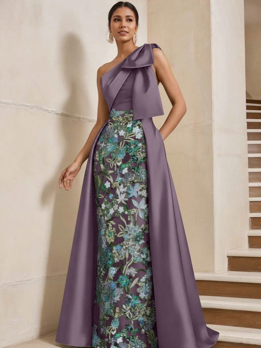 Sheath Column One Shoulder Satin Mother Of The Bride Dresses With Overskirt Sleeveless Floral Floor Length Bow