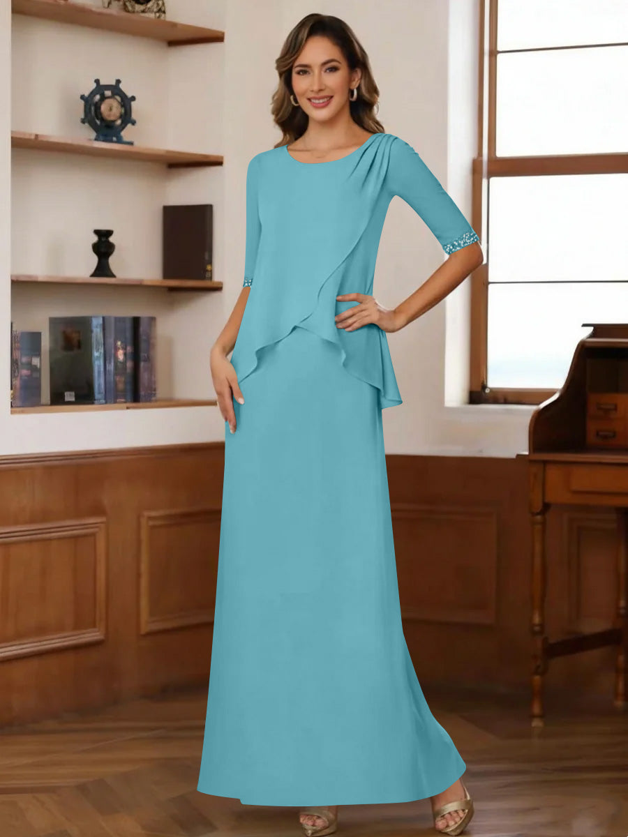 Sheath Column Scoop Chiffon Mother Of The Bride Dresses Ankle Length Half Sleeves Sequins Ruched