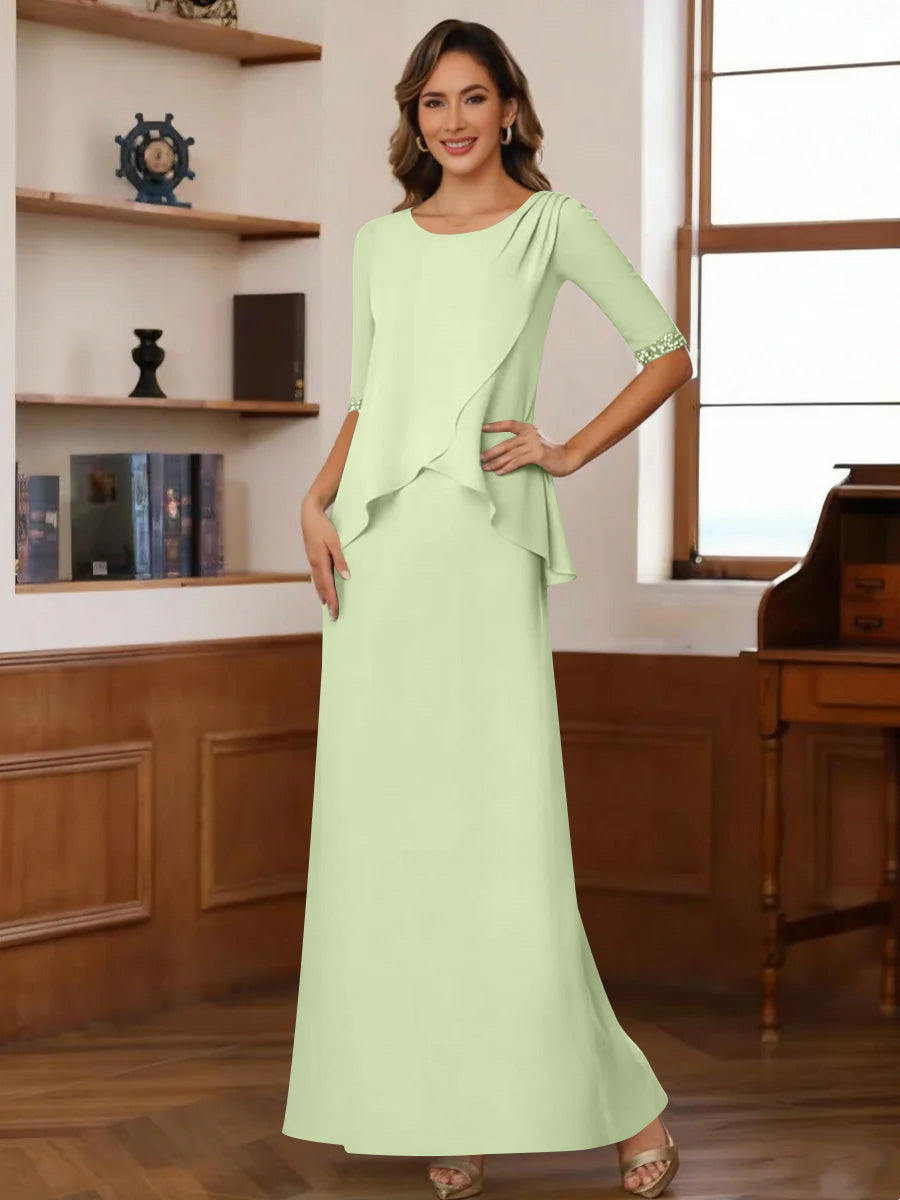 Sheath Column Scoop Chiffon Mother Of The Bride Dresses Ankle Length Half Sleeves Sequins Ruched