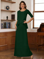 Sheath Column Scoop Chiffon Mother Of The Bride Dresses Ankle Length Half Sleeves Sequins Ruched