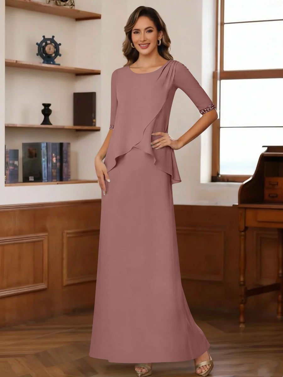 Sheath Column Scoop Chiffon Mother Of The Bride Dresses Ankle Length Half Sleeves Sequins Ruched