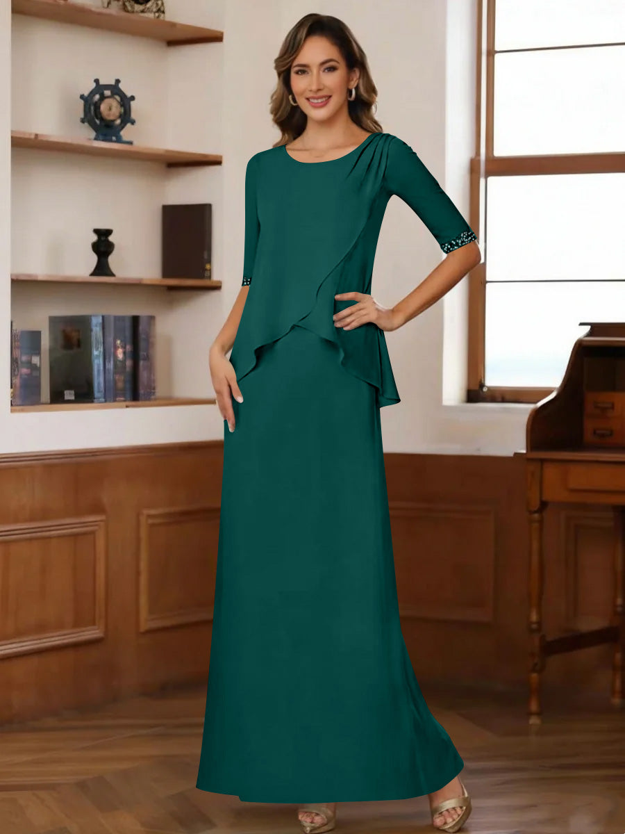 Sheath Column Scoop Chiffon Mother Of The Bride Dresses Ankle Length Half Sleeves Sequins Ruched
