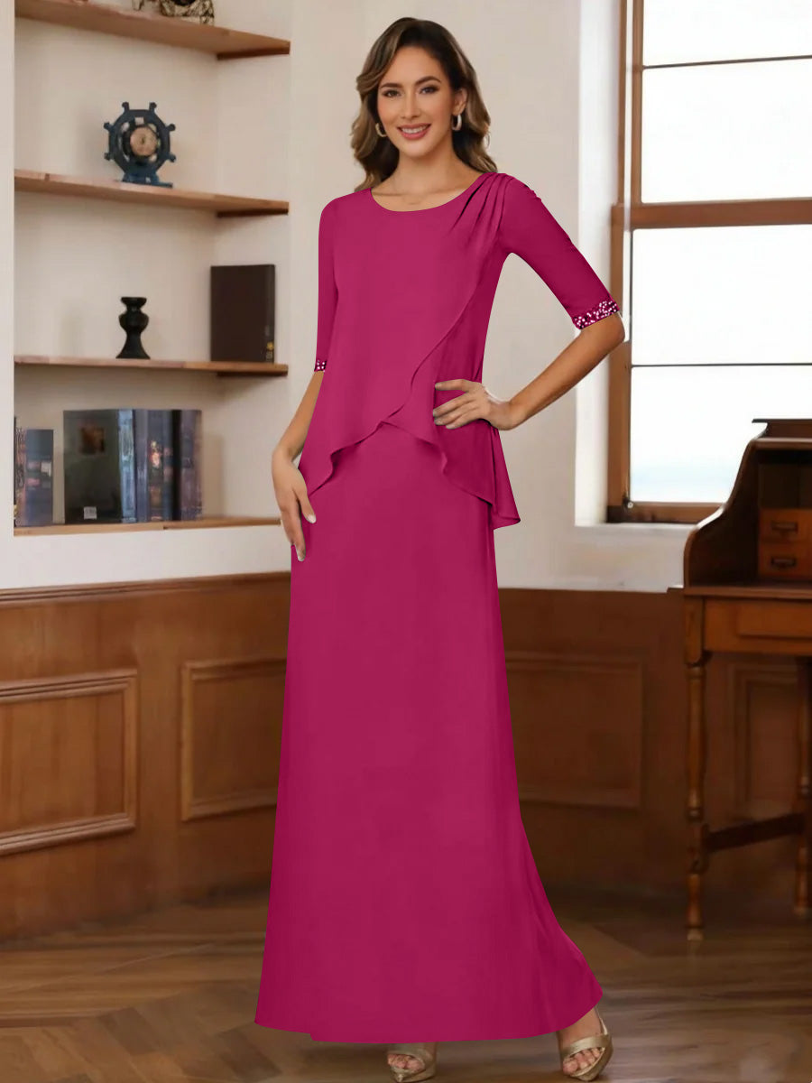 Sheath Column Scoop Chiffon Mother Of The Bride Dresses Ankle Length Half Sleeves Sequins Ruched