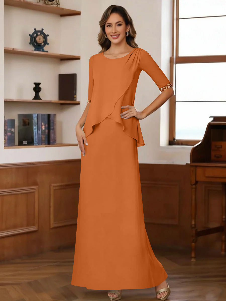 Sheath Column Scoop Chiffon Mother Of The Bride Dresses Ankle Length Half Sleeves Sequins Ruched