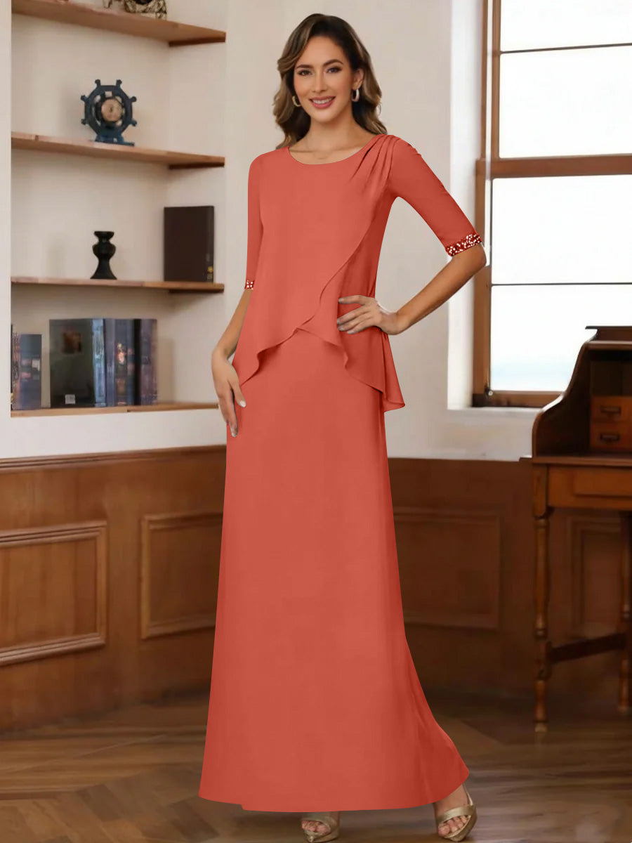 Sheath Column Scoop Chiffon Mother Of The Bride Dresses Ankle Length Half Sleeves Sequins Ruched