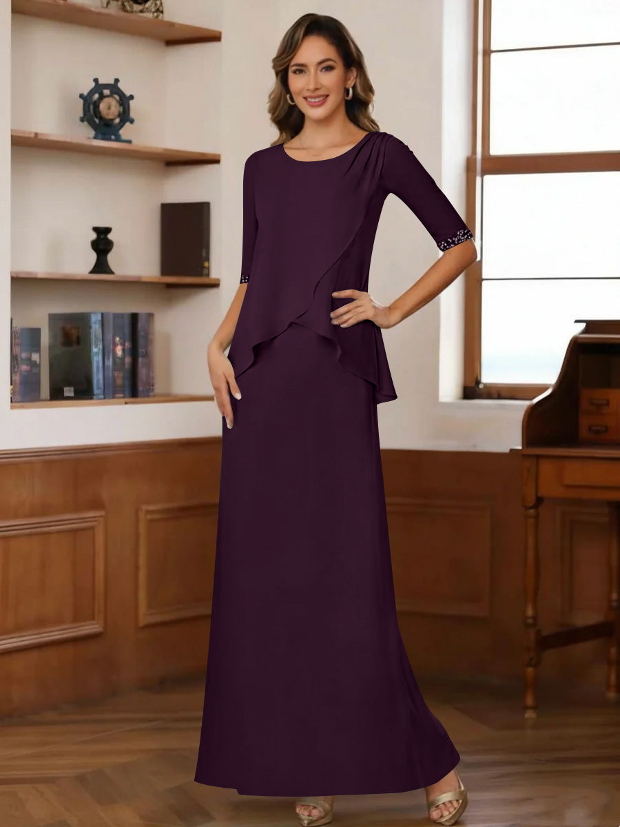 Sheath Column Scoop Chiffon Mother Of The Bride Dresses Ankle Length Half Sleeves Sequins Ruched