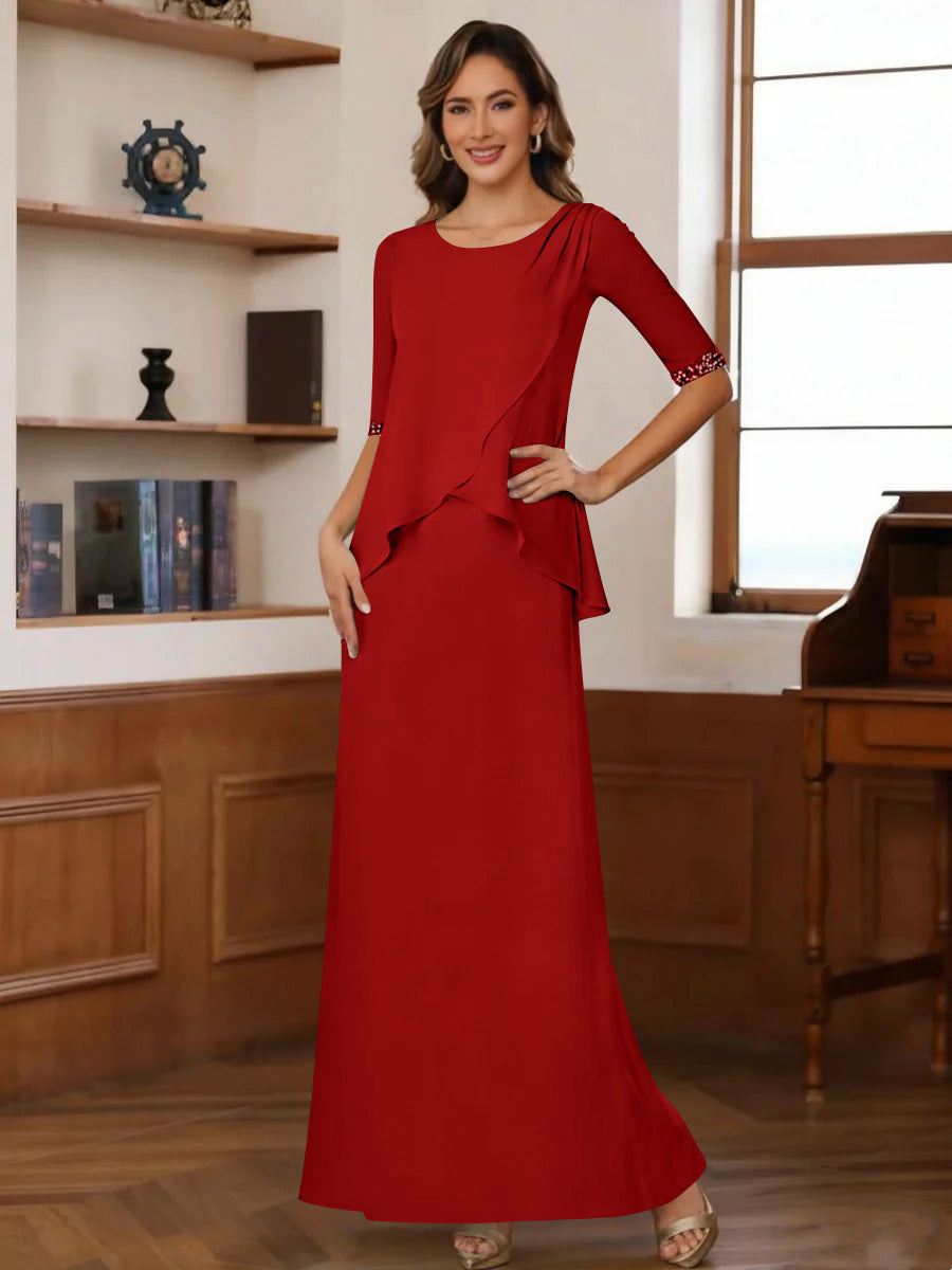 Sheath Column Scoop Chiffon Mother Of The Bride Dresses Ankle Length Half Sleeves Sequins Ruched