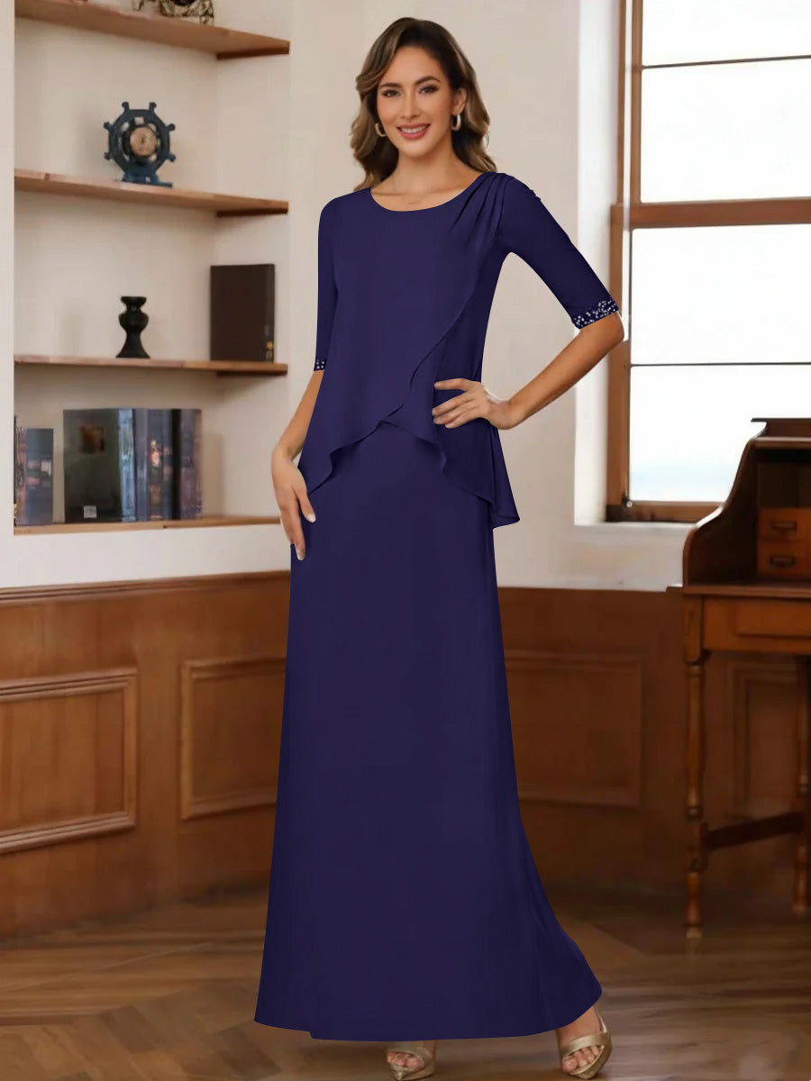 Sheath Column Scoop Chiffon Mother Of The Bride Dresses Ankle Length Half Sleeves Sequins Ruched