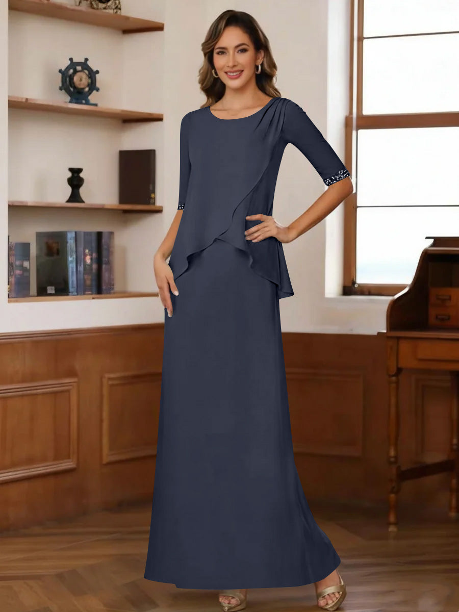 Sheath Column Scoop Chiffon Mother Of The Bride Dresses Ankle Length Half Sleeves Sequins Ruched