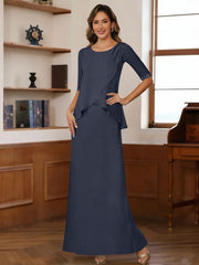 Sheath Column Scoop Chiffon Mother Of The Bride Dresses Ankle Length Half Sleeves Sequins Ruched