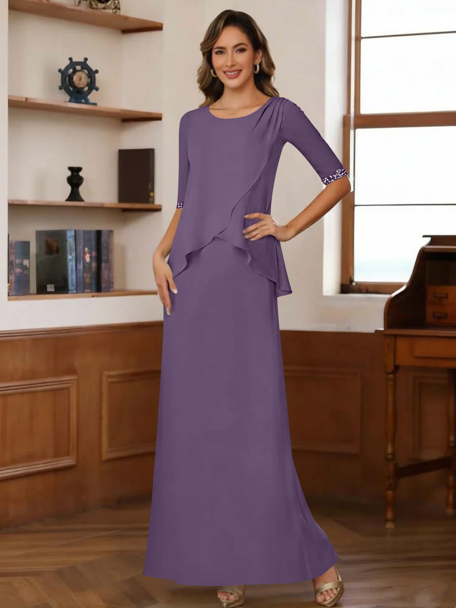 Sheath Column Scoop Chiffon Mother Of The Bride Dresses Ankle Length Half Sleeves Sequins Ruched