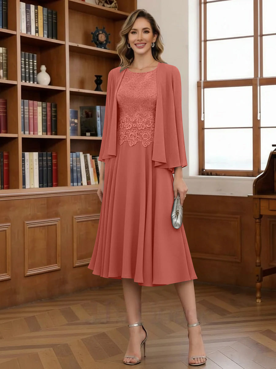 A Line Princess Scoop Chiffon Mother Of The Bride Dresses With Jacket Tea Length Long Sleeves Lace