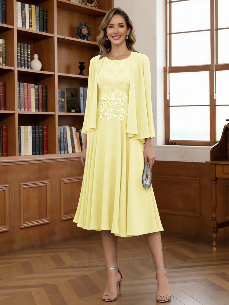 A Line Princess Scoop Chiffon Mother Of The Bride Dresses With Jacket Tea Length Long Sleeves Lace