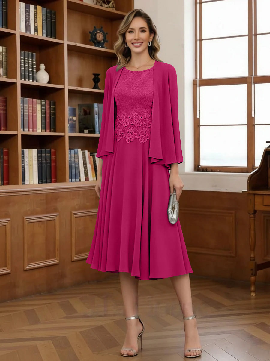 A Line Princess Scoop Chiffon Mother Of The Bride Dresses With Jacket Tea Length Long Sleeves Lace
