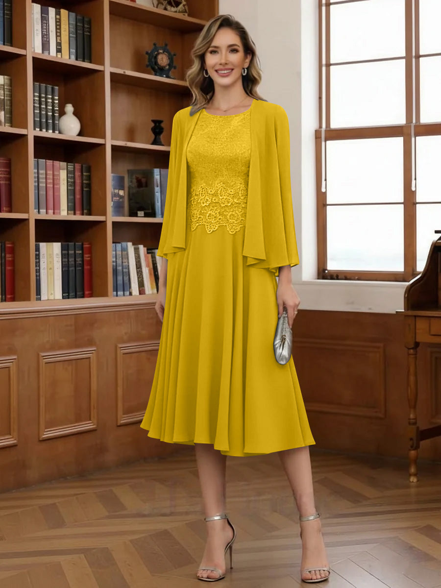 A Line Princess Scoop Chiffon Mother Of The Bride Dresses With Jacket Tea Length Long Sleeves Lace
