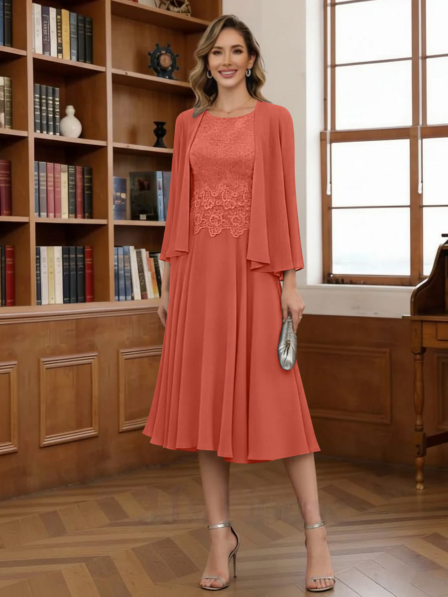 A Line Princess Scoop Chiffon Mother Of The Bride Dresses With Jacket Tea Length Long Sleeves Lace