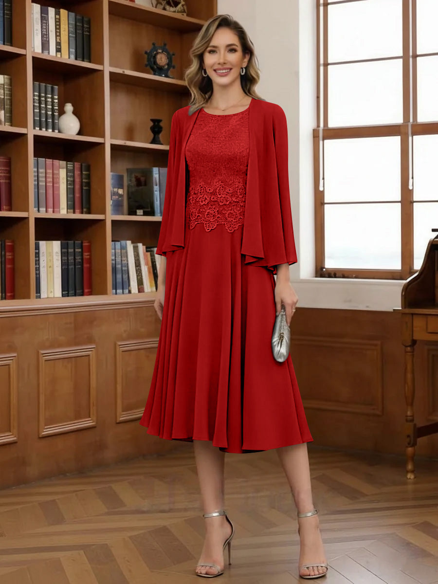 A Line Princess Scoop Chiffon Mother Of The Bride Dresses With Jacket Tea Length Long Sleeves Lace