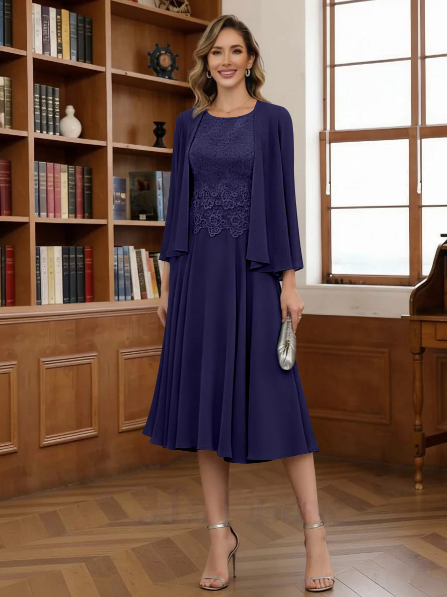 A Line Princess Scoop Chiffon Mother Of The Bride Dresses With Jacket Tea Length Long Sleeves Lace