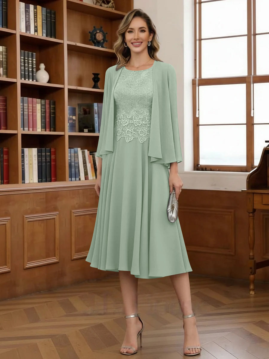 A Line Princess Scoop Chiffon Mother Of The Bride Dresses With Jacket Tea Length Long Sleeves Lace