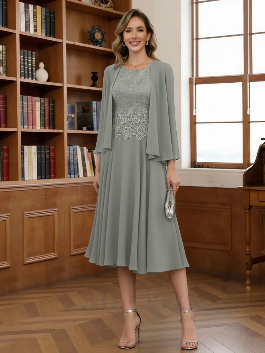 A Line Princess Scoop Chiffon Mother Of The Bride Dresses With Jacket Tea Length Long Sleeves Lace