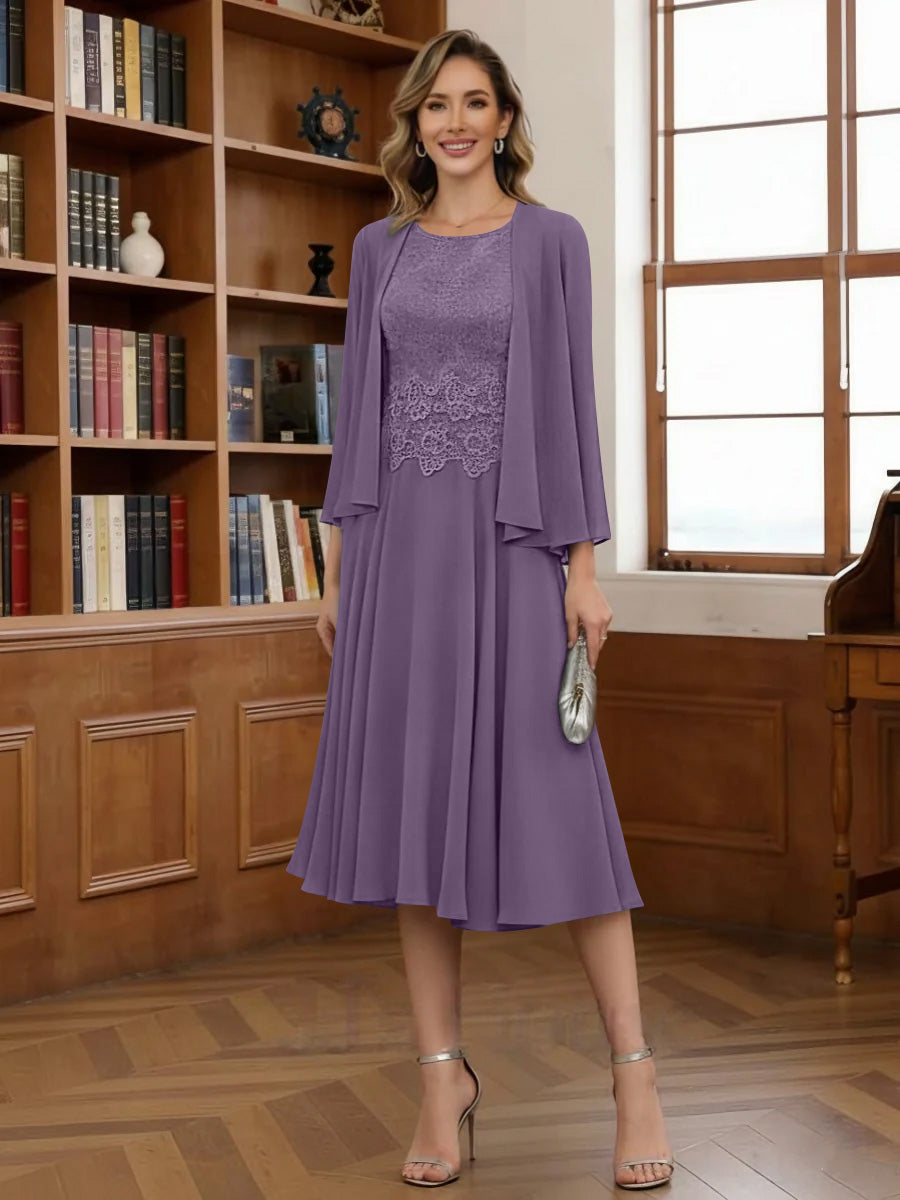 A Line Princess Scoop Chiffon Mother Of The Bride Dresses With Jacket Tea Length Long Sleeves Lace