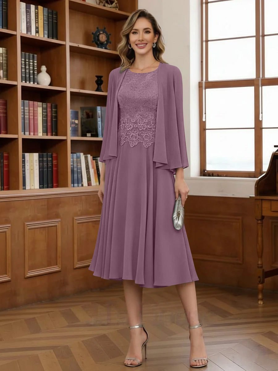 A Line Princess Scoop Chiffon Mother Of The Bride Dresses With Jacket Tea Length Long Sleeves Lace