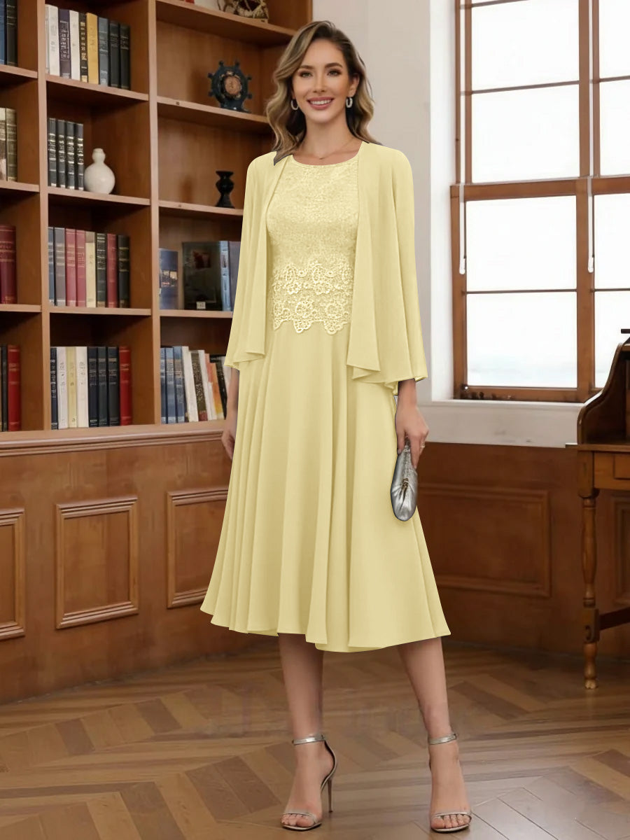 A Line Princess Scoop Chiffon Mother Of The Bride Dresses With Jacket Tea Length Long Sleeves Lace