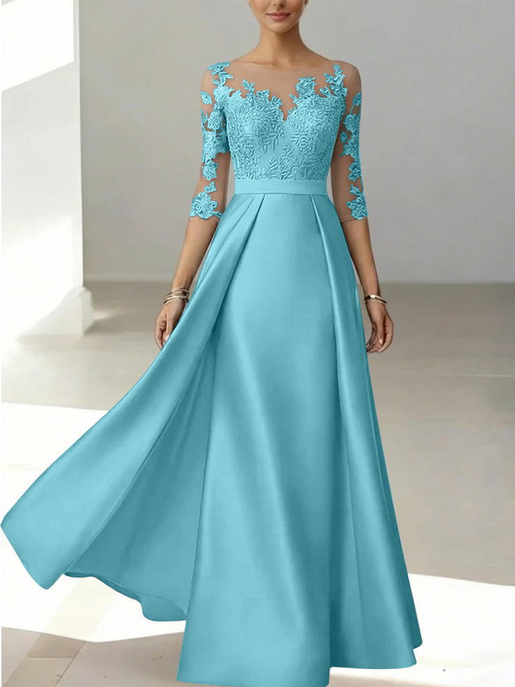 A Line Princess Scoop Satin Mother Of The Bride Dresses 3 4 Sleeves Lace Floor Length Floral