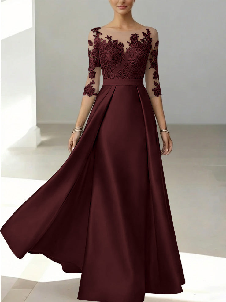 A Line Princess Scoop Satin Mother Of The Bride Dresses 3 4 Sleeves Lace Floor Length Floral
