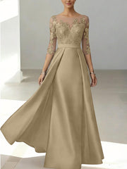A Line Princess Scoop Satin Mother Of The Bride Dresses 3 4 Sleeves Lace Floor Length Floral