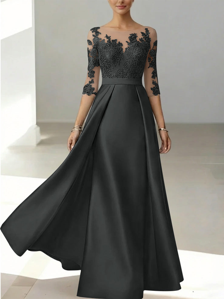 A Line Princess Scoop Satin Mother Of The Bride Dresses 3 4 Sleeves Lace Floor Length Floral