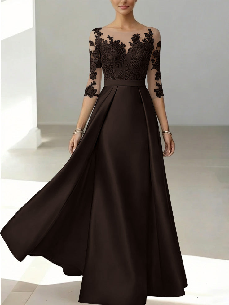 A Line Princess Scoop Satin Mother Of The Bride Dresses 3 4 Sleeves Lace Floor Length Floral