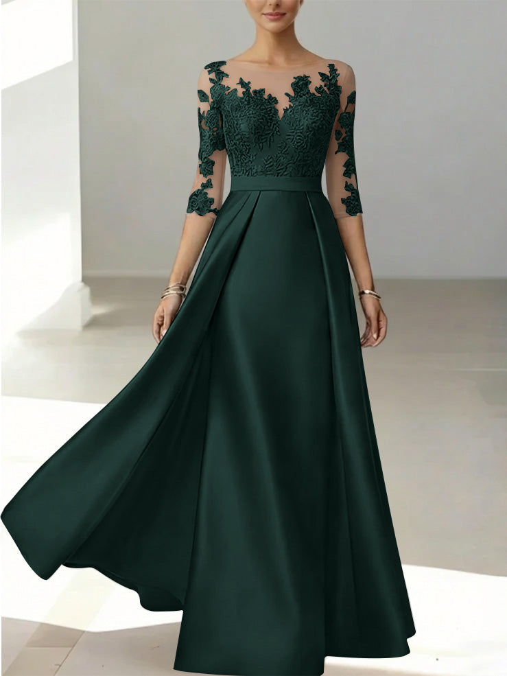 A Line Princess Scoop Satin Mother Of The Bride Dresses 3 4 Sleeves Lace Floor Length Floral