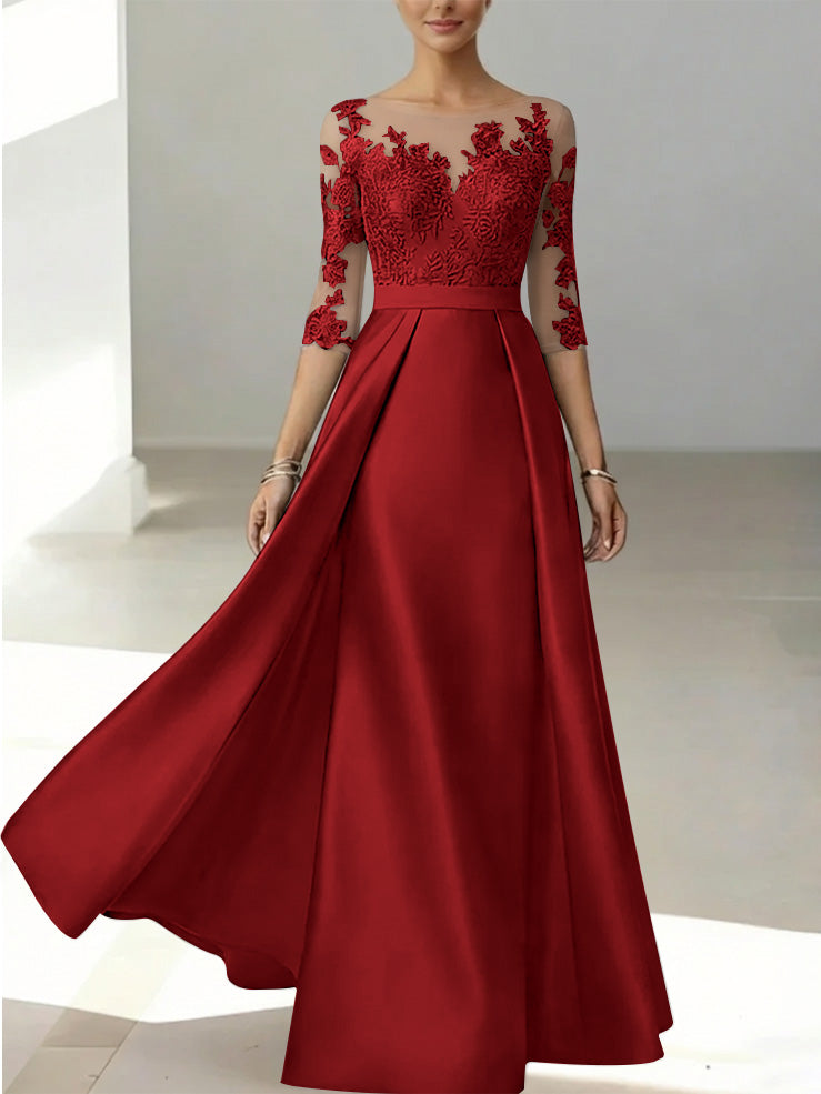 A Line Princess Scoop Satin Mother Of The Bride Dresses 3 4 Sleeves Lace Floor Length Floral