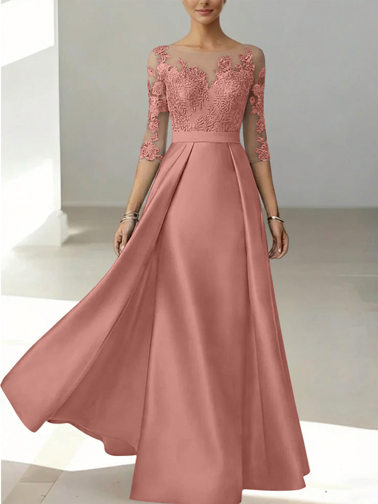 A Line Princess Scoop Satin Mother Of The Bride Dresses 3 4 Sleeves Lace Floor Length Floral